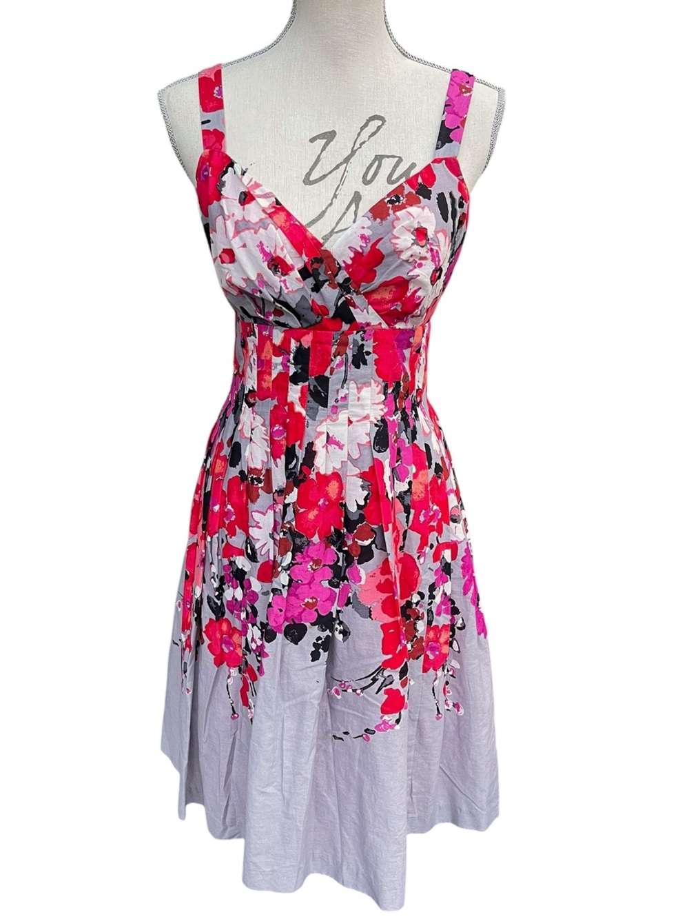 Evan Picone Cotton Light Grey/Pink/Red Floral Sleeveless Fit and Flare Dress (8)